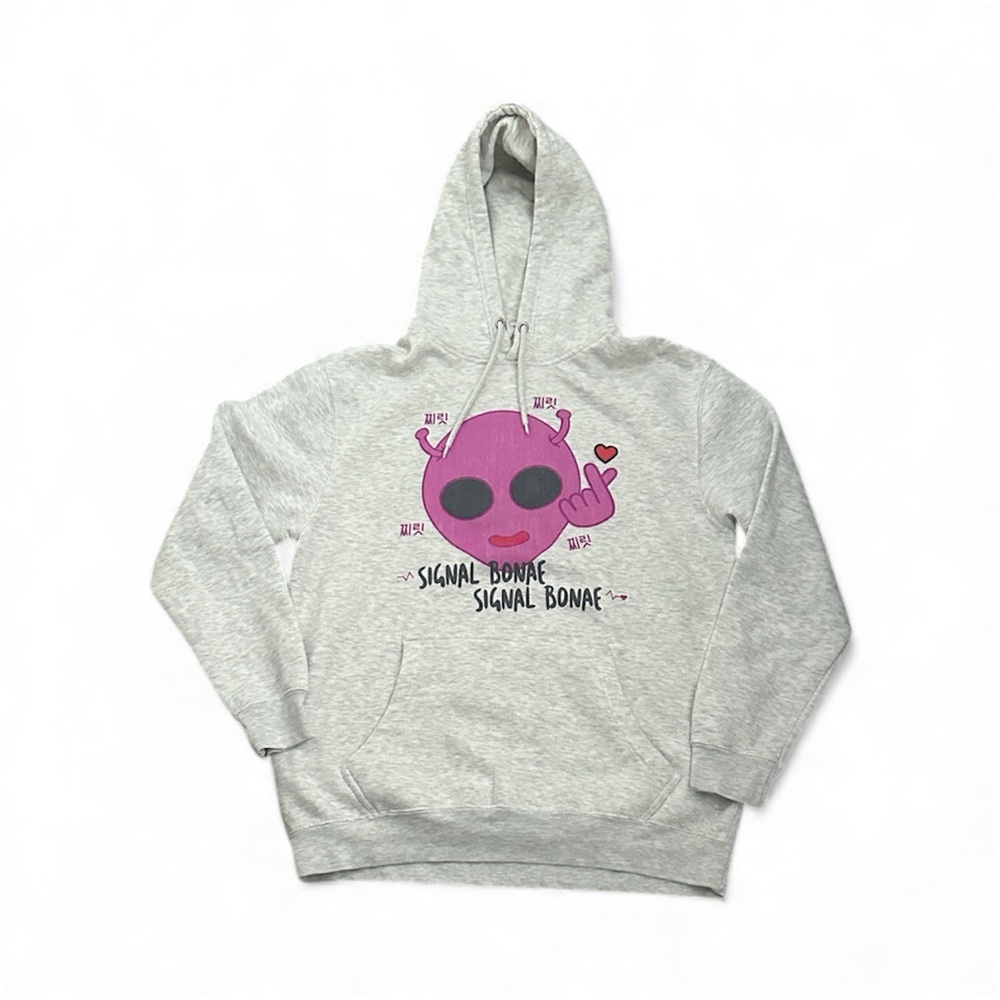 Kpop Large  gray pullover hoodie with a large purple alien cartoon graphic .